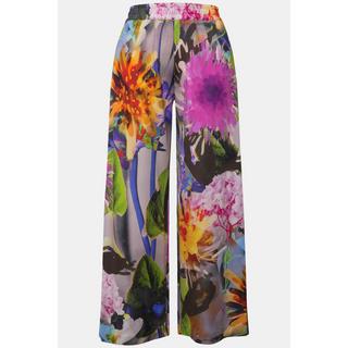 Ulla Popken  Pantalon en tissu fluide slinky à fleurs, jambe large et taille élastique 