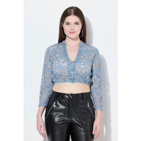Ulla Popken Dirndlbluse Spitze V-Ausschnitt 3/4-Arm Gummisaum  