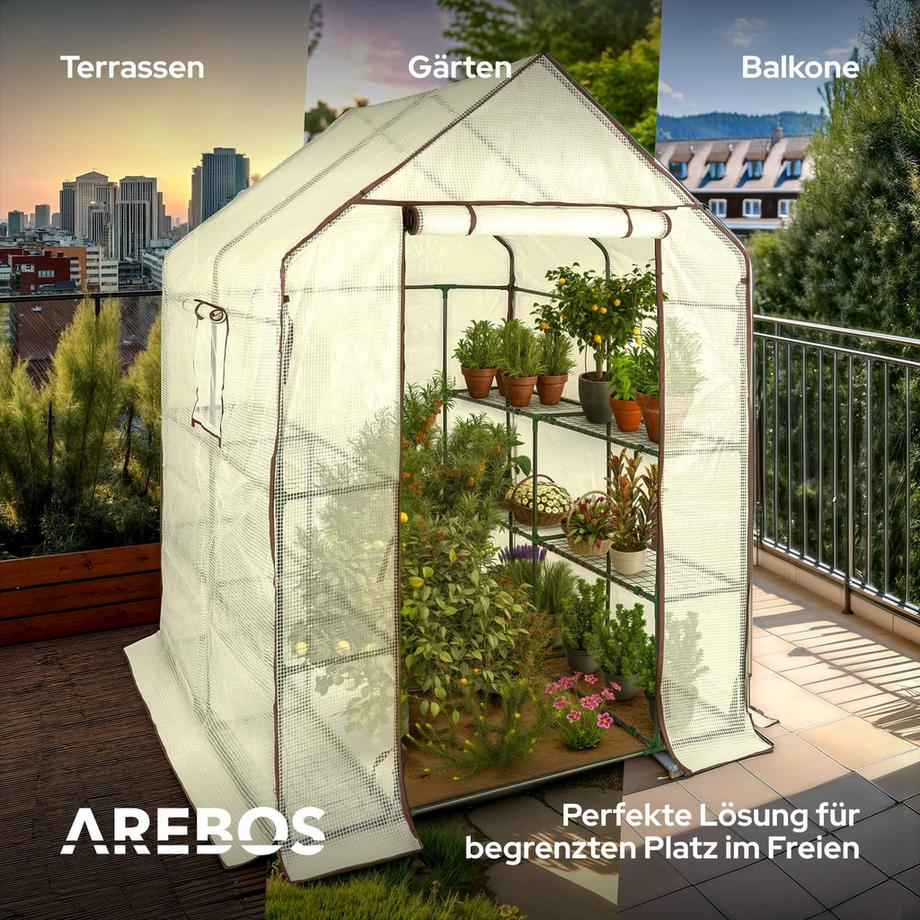 Arebos Serre en film plastique à 3 étages, Serre précoce 143 x 143 x 195 cm  