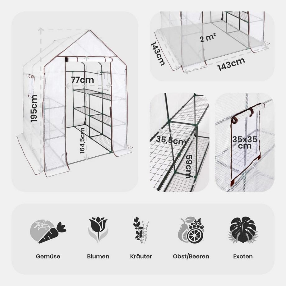 Arebos Serre en film plastique à 3 étages, Serre précoce 143 x 143 x 195 cm  