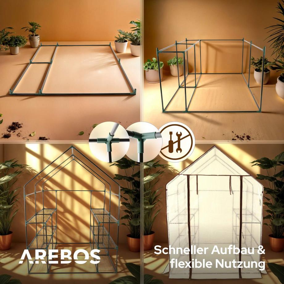 Arebos Serre en film plastique à 3 étages, Serre précoce 143 x 143 x 195 cm  