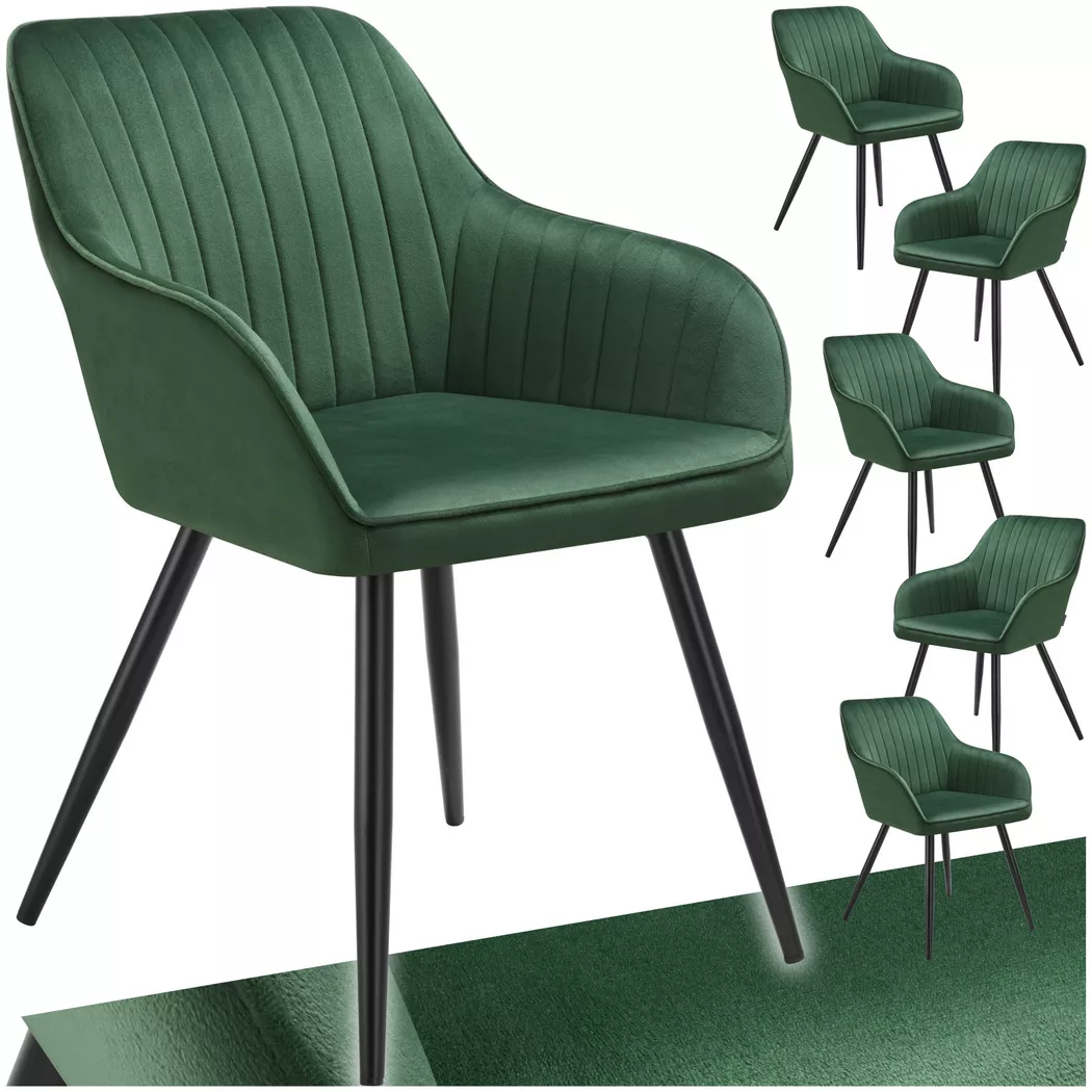Tectake - Lot 6 chaises de salle à manger en velours matelassées vert foncé