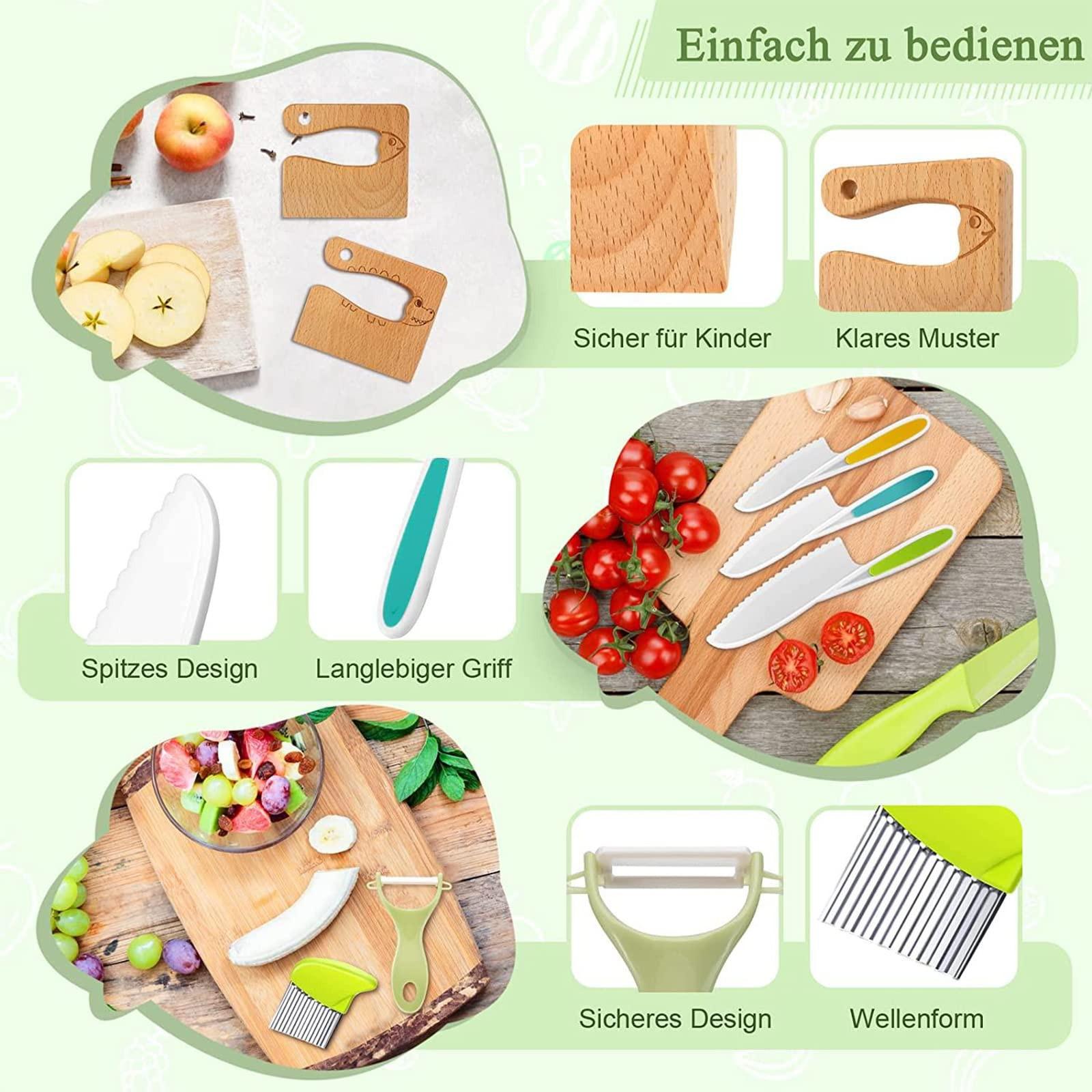 Activity-board  Kindermesser 9-teiliges Kinder-Küchenmesser-Set zum Schneiden und Kochen von Obst oder Gemüse für kleine Kinder, Sicherheits-Holzmesser-Schneidebrett-Schälmesser 