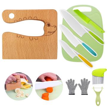 Kindermesser 9-teiliges Kinder-Küchenmesser-Set zum Schneiden und Kochen von Obst oder Gemüse für kleine Kinder, Sicherheits-Holzmesser-Schneidebrett-Schälmesser