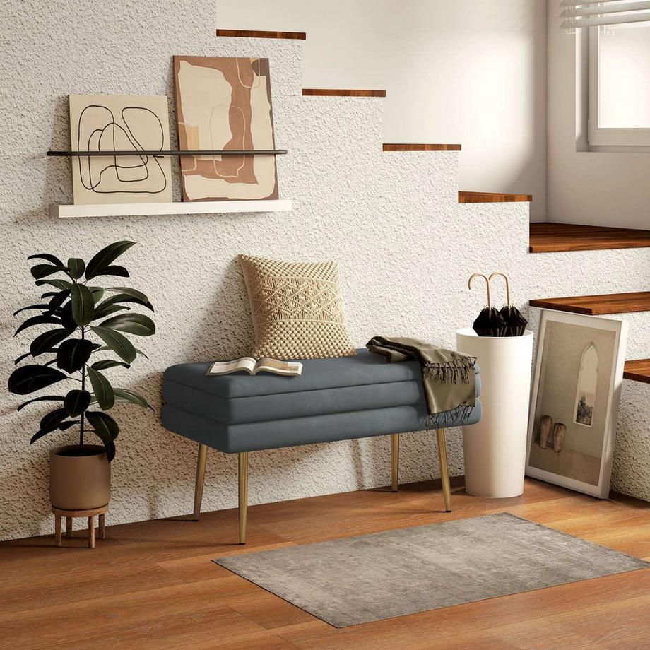 Northio  Sitzbank Polsterbank Stauraum Samtoptik Bettbank Stahlbeine Schuhbank Aufbewahrungsbank Wohnzimmer Schlafzimmer Grau 79,5X37,5X43Cm 