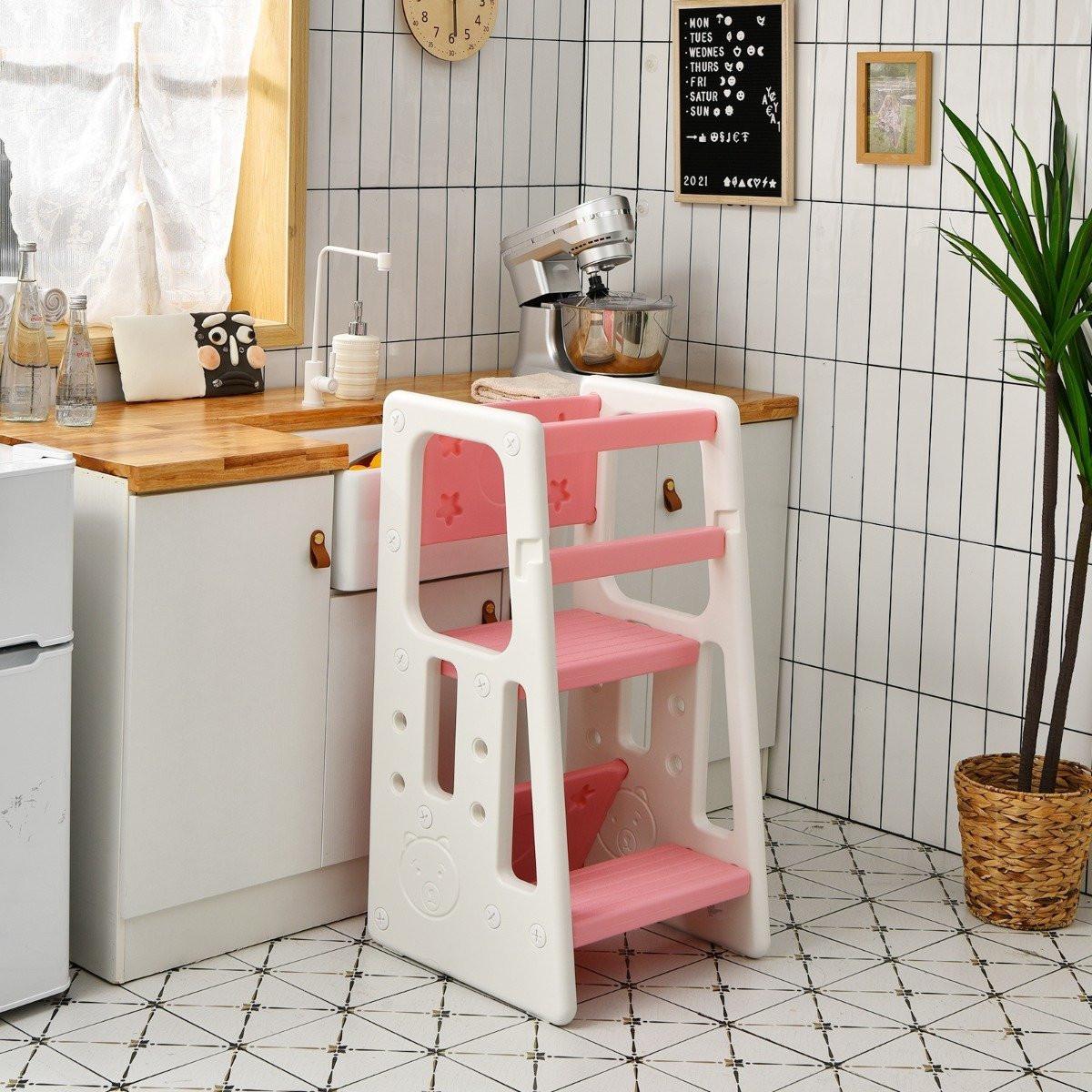 Northix Tabouret de cuisine pour enfants avec double rampe de sécurité, 3 hauteurs réglables et pieds antidérapants, rose  