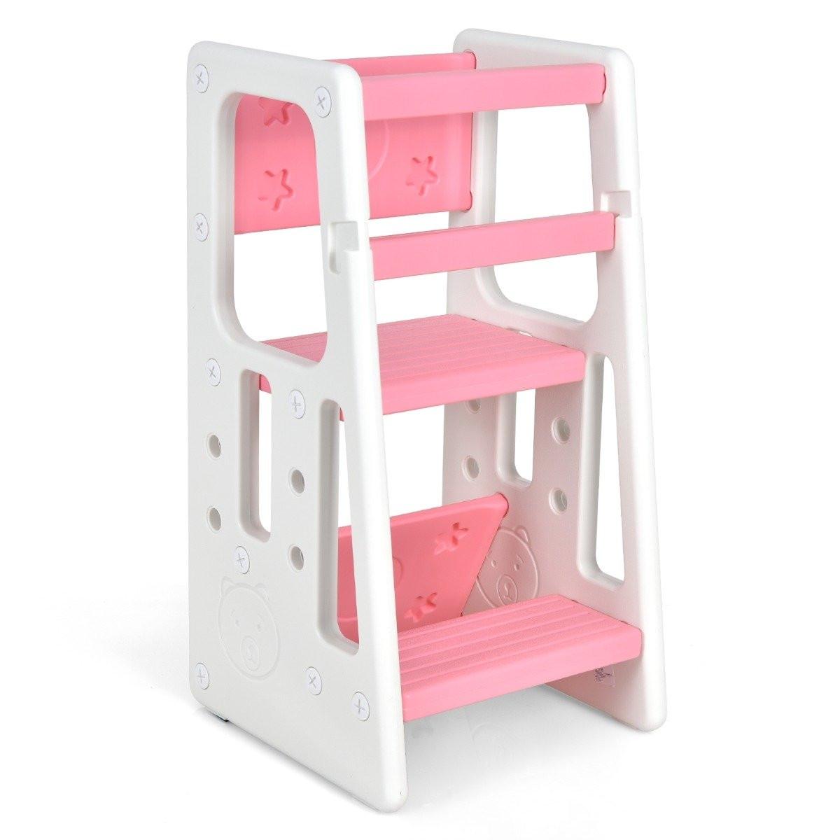Northix Tabouret de cuisine pour enfants avec double rampe de sécurité, 3 hauteurs réglables et pieds antidérapants, rose  