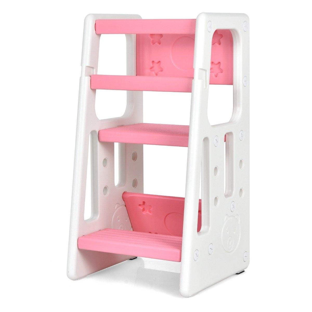 Northix Tabouret de cuisine pour enfants avec double rampe de sécurité, 3 hauteurs réglables et pieds antidérapants, rose  