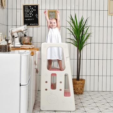 Sgabello da cucina per bambini con doppi corrimano di sicurezza e 3 altezze regolabili e piedini antiscivolo Rosa