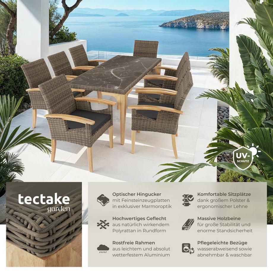 Tectake Rattan Tisch Foggia mit 8 Stühlen Rosarno  mit stabilen Holzgestellen 2 abnehmbare Feinsteinzeugplatten  