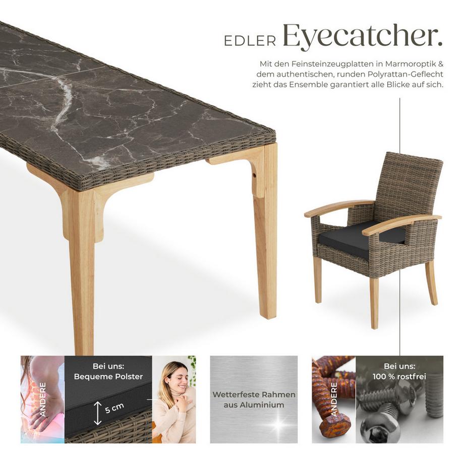 Tectake Rattan Tisch Foggia mit 8 Stühlen Rosarno  mit stabilen Holzgestellen 2 abnehmbare Feinsteinzeugplatten  