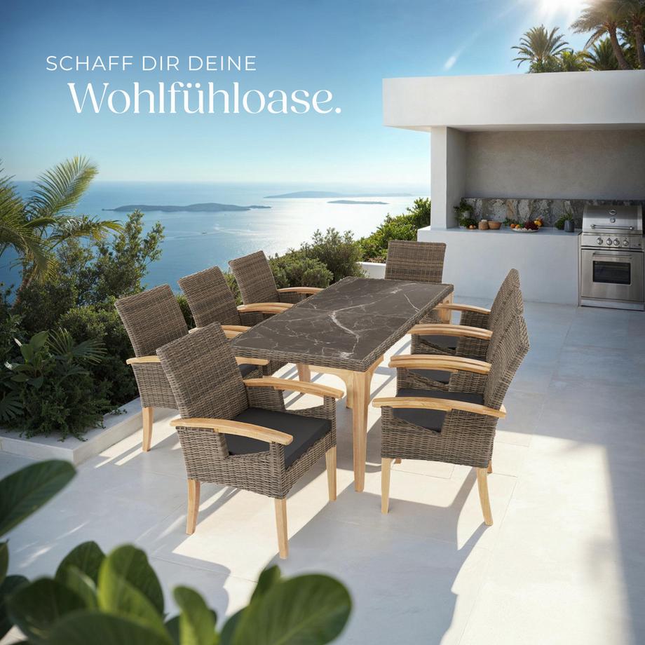 Tectake Rattan Tisch Foggia mit 8 Stühlen Rosarno  mit stabilen Holzgestellen 2 abnehmbare Feinsteinzeugplatten  