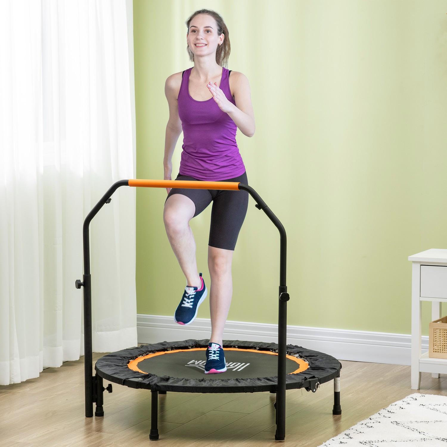 SPORTNOW Fitness Trampolin 102 cm Mini Trampoline mit Höhenverstellbarem Haltegriff leise Gummiseilfederung Trampolin 100kg Belastbar für Erwachsene Trampoline für Indoor Outdoor Jumping