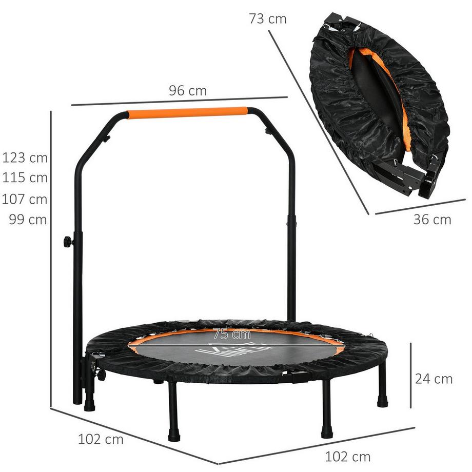 Northio  102 cm Fitness-Trampolin, Faltbares Mini-Trampolin mit vierfach höhenverstellbarem Haltegriff, Fitness-Rebounder für Erwachsene, bis 100 kg, Schwarz Aosom 