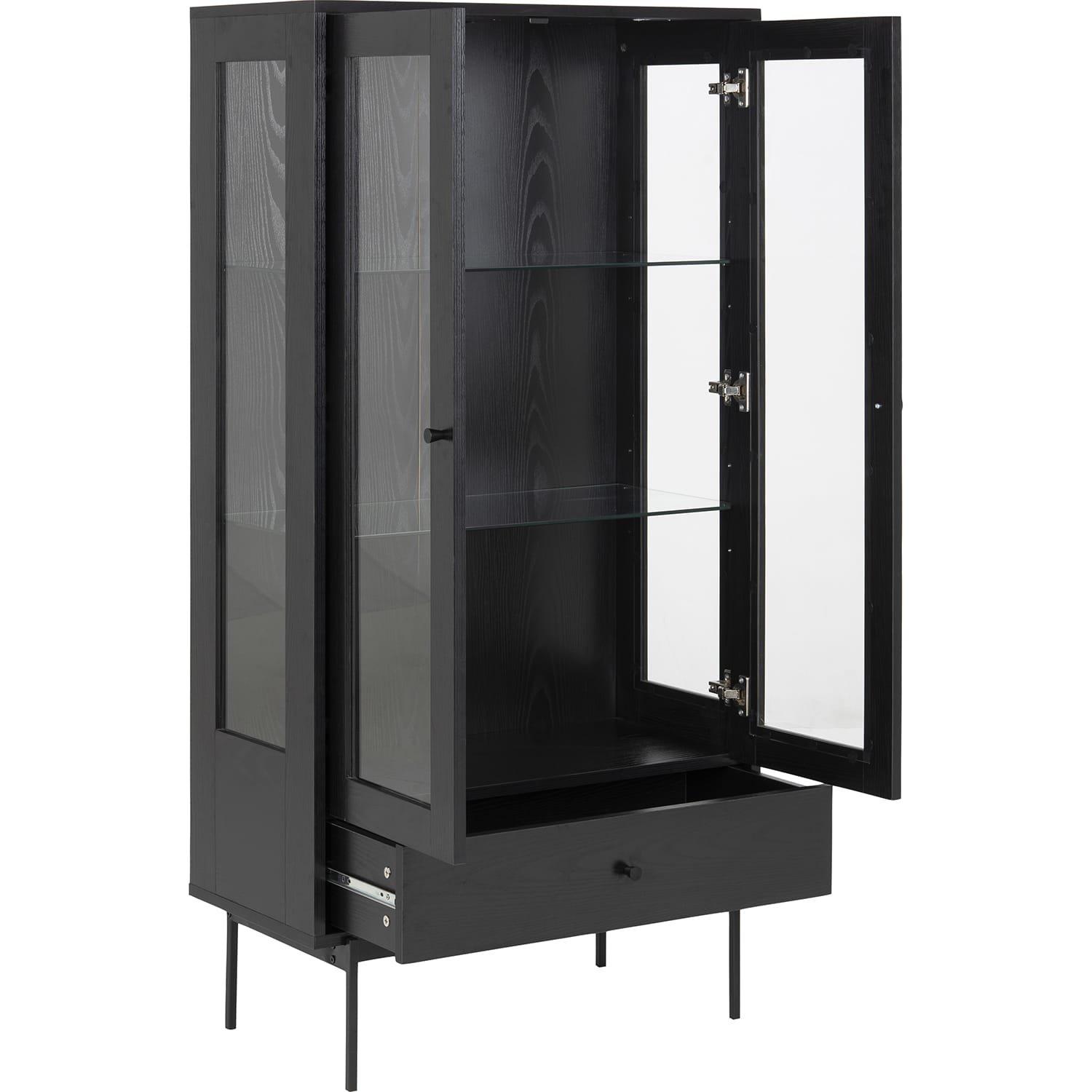 mutoni Vitrine Angie mélaminé frêne noir 2 portes vitrées 1 tiroir 75x37 5x152cm  