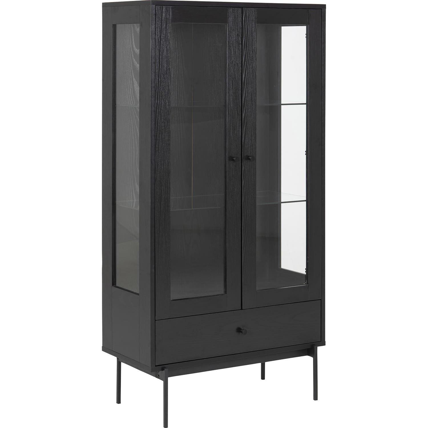 mutoni Vitrine Angie Melamin Esche Schwarz 2 Glas Türen 1 Schublade 75x37 5x152cm  