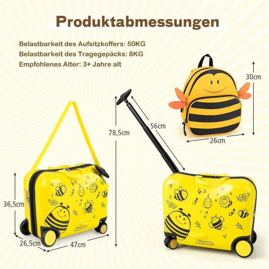 Northix  2tlg Kinderkoffer + Rucksack 47 cm Langer Aufsitzkoffer und 30 cm Breiter Rucksack Gelb 