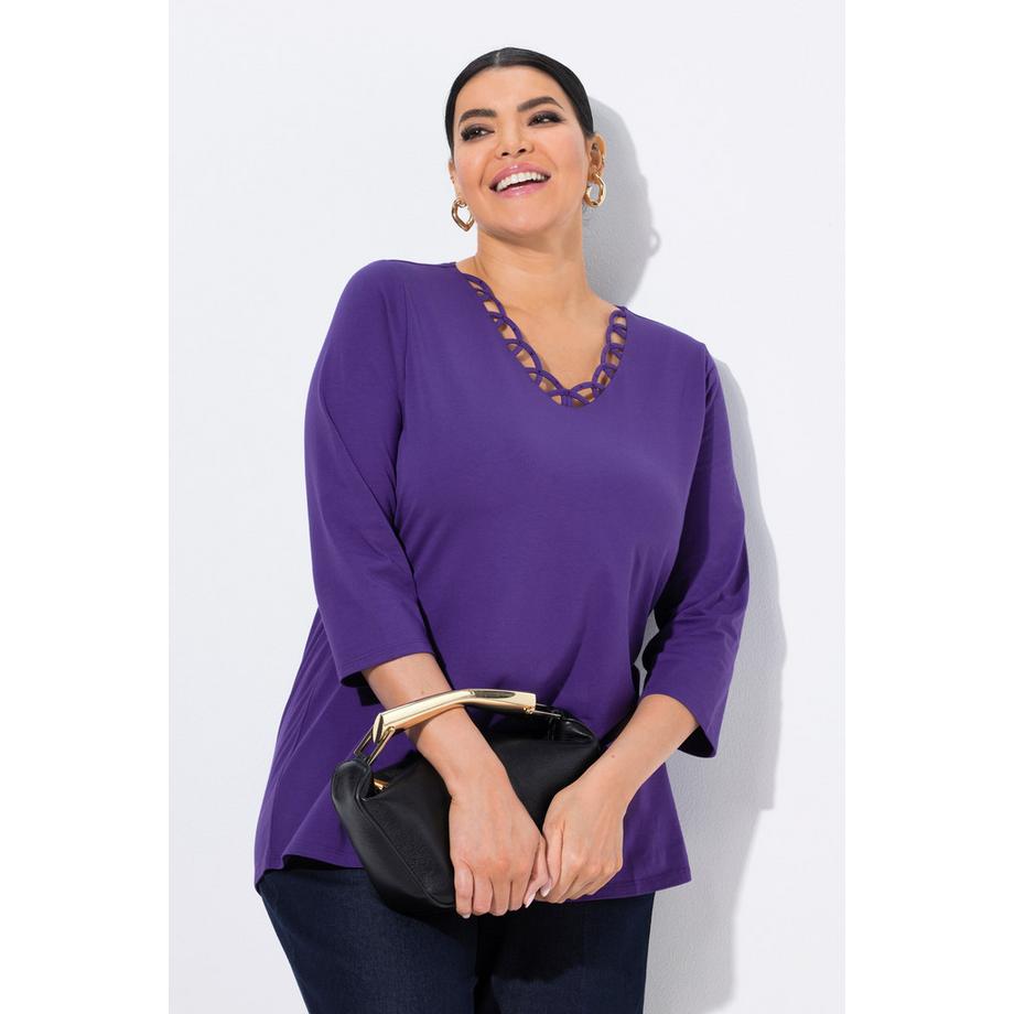 Ulla Popken Classic Verzierte V-Ausschnitt 3/4-Arm Shirt  