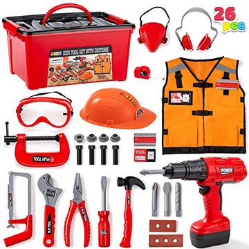 Ensemble d'accessoires pour outils de construction 24 pièces, ensemble de jouets de construction comprenant un costume d'ouvrier du bâtiment et une perceuse dans une boîte de rangement