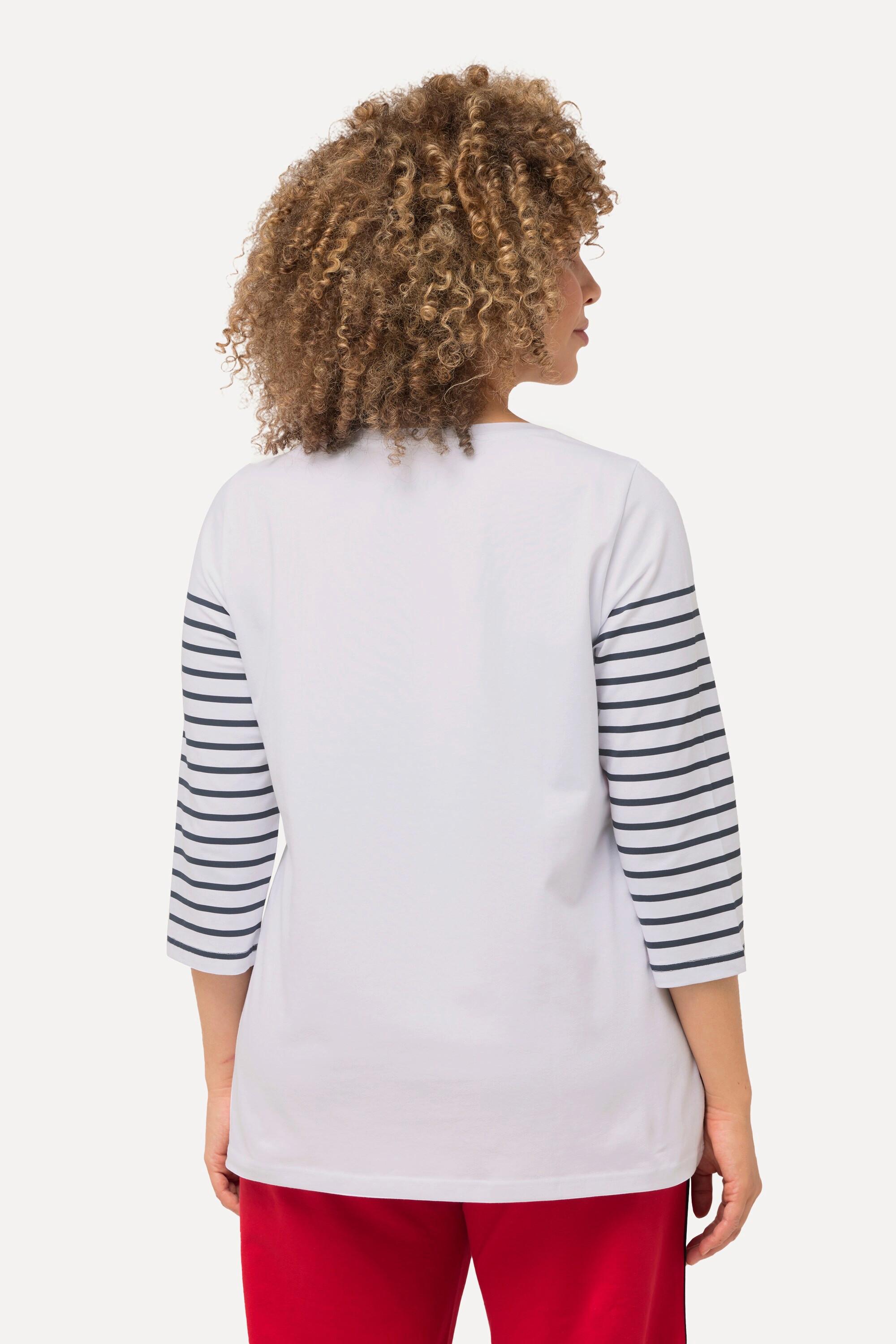 Ulla Popken  T-shirt rayé, motif méduse. Décolleté bateau et manches 3/4. 