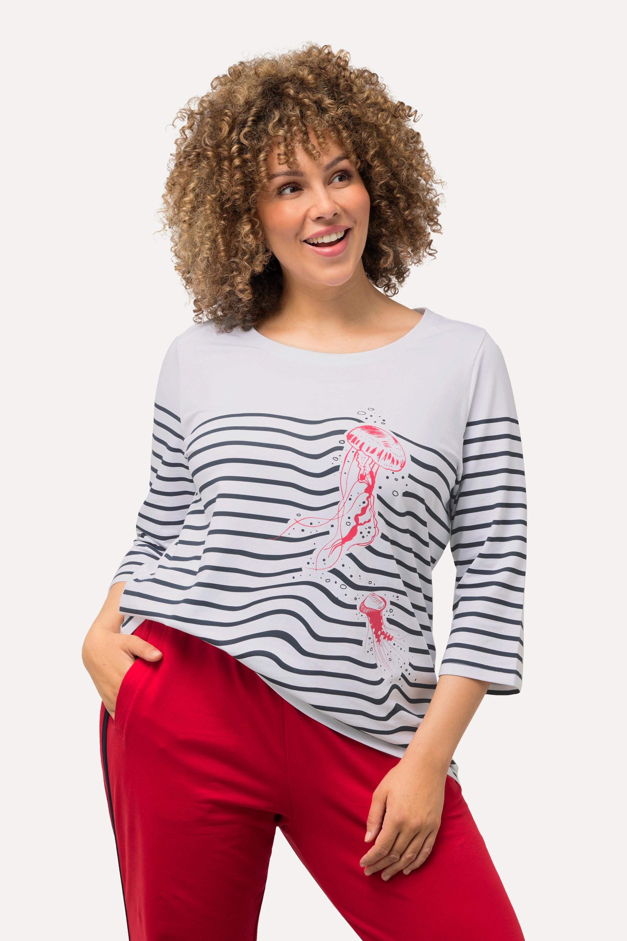 Ulla Popken  T-shirt rayé, motif méduse. Décolleté bateau et manches 3/4. 