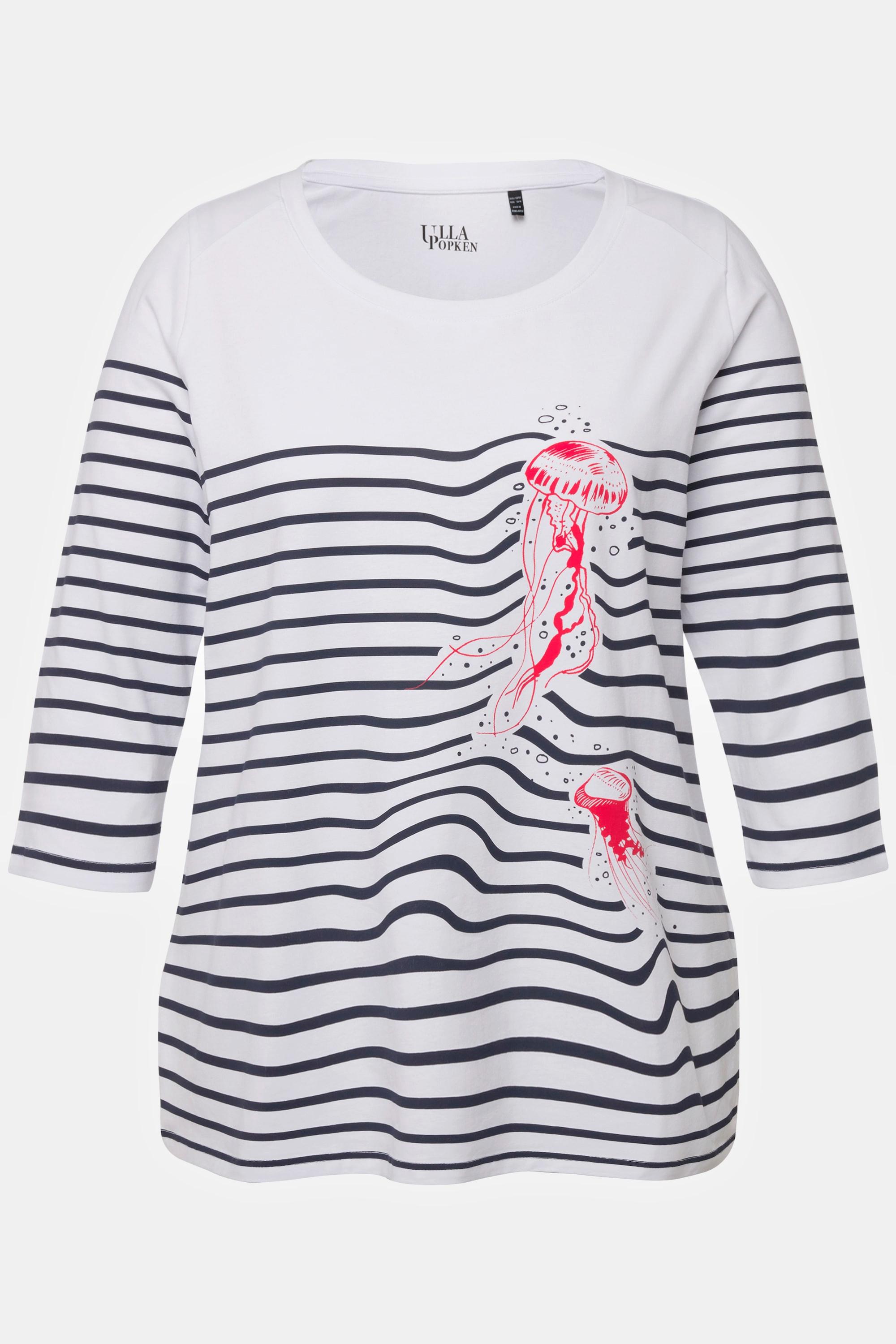 Ulla Popken  T-shirt rayé, motif méduse. Décolleté bateau et manches 3/4. 