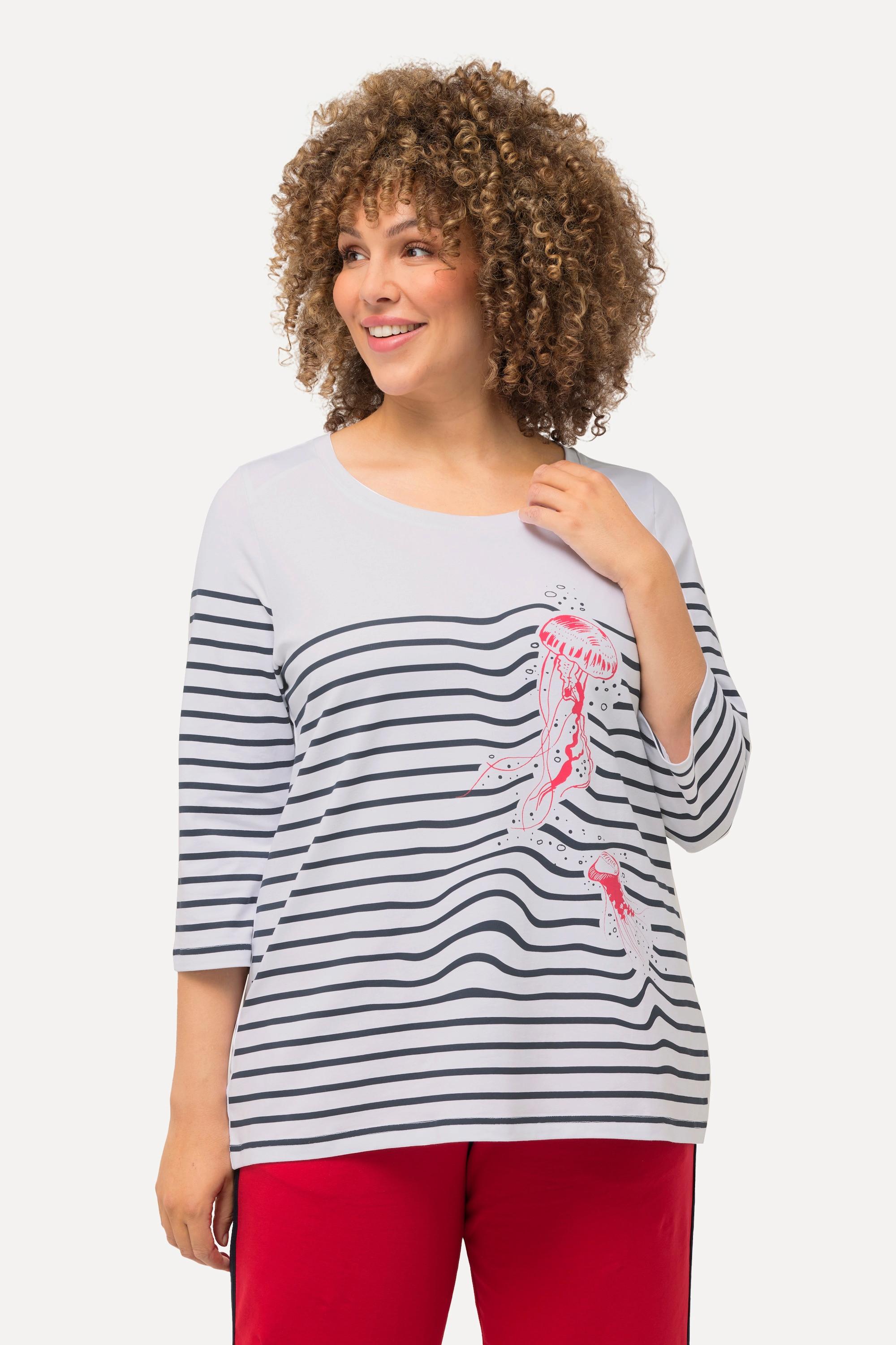 Ulla Popken  T-shirt rayé, motif méduse. Décolleté bateau et manches 3/4. 