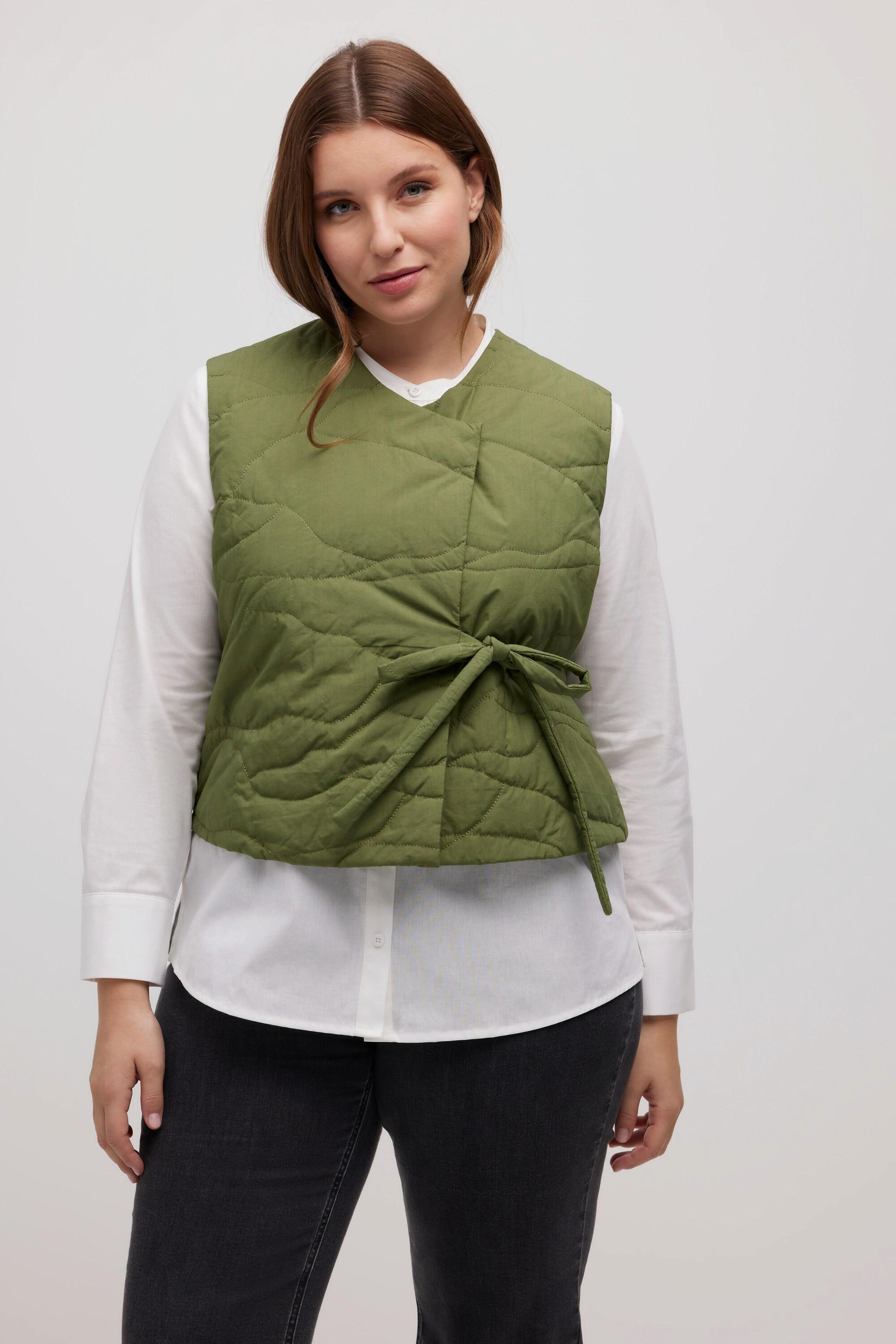 Ulla Popken  Gilet matelassé, col en V, cordon, coton bio 