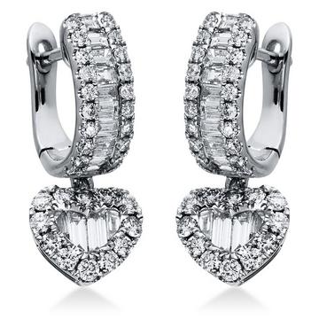 Boucles d'oreilles en or blanc 750/18K, diamant en forme de cÅ“ur 1ct.
