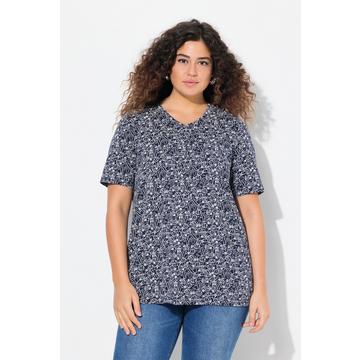 T-shirt, motif poissons. Col V à plis fantaisie. Manches courtes