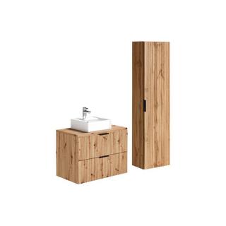 Vente-unique Meuble de salle de bain suspendu strié avec vasque à poser et colonne - Naturel clair - 80 cm - ZEVARA  