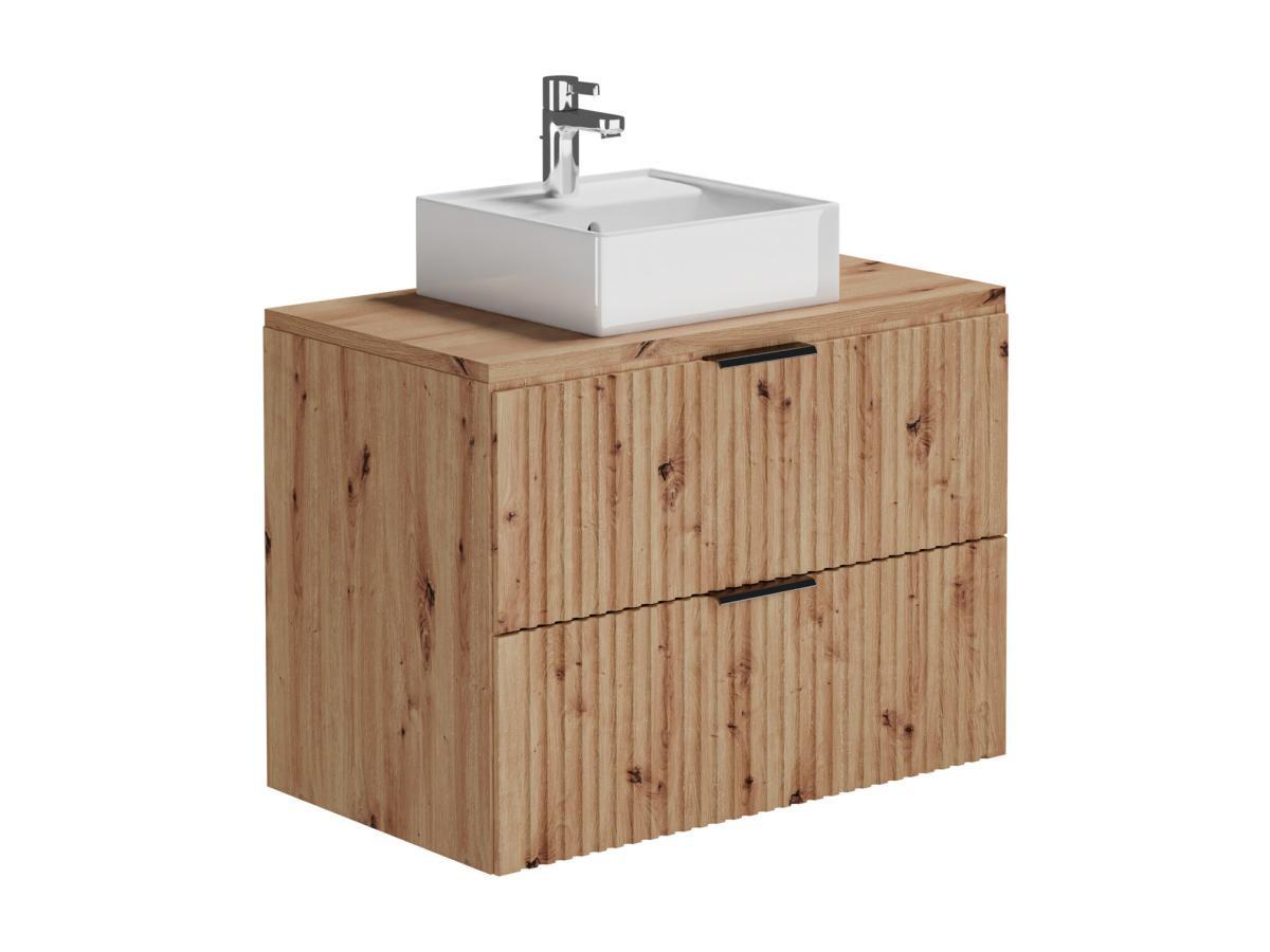 Vente-unique Meuble de salle de bain suspendu strié avec vasque à poser et colonne - Naturel clair - 80 cm - ZEVARA  