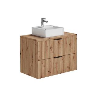 Vente-unique Meuble de salle de bain suspendu strié avec vasque à poser et colonne - Naturel clair - 80 cm - ZEVARA  