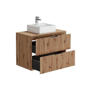 Vente-unique Meuble de salle de bain suspendu strié avec vasque à poser et colonne - Naturel clair - 80 cm - ZEVARA  