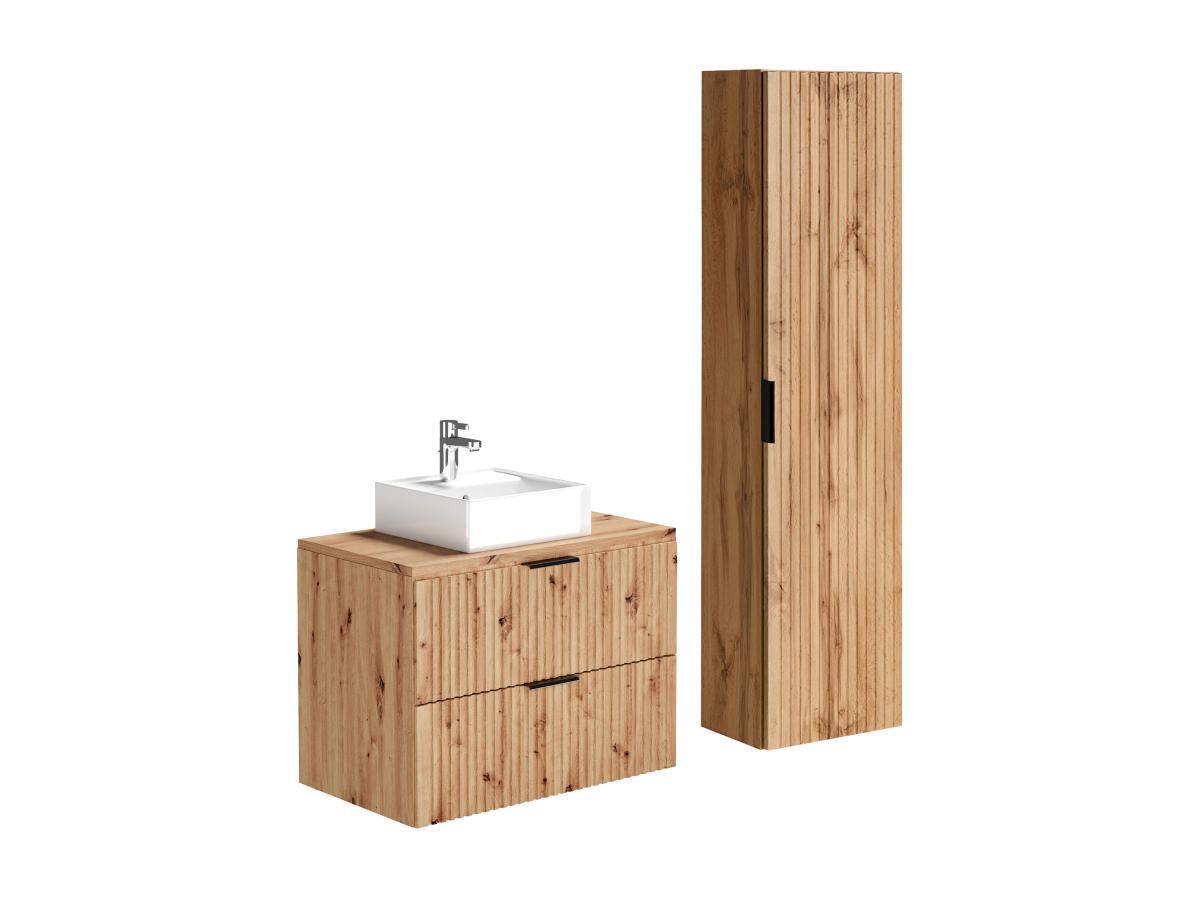 Vente-unique Meuble de salle de bain suspendu strié avec vasque à poser et colonne - Naturel clair - 80 cm - ZEVARA  