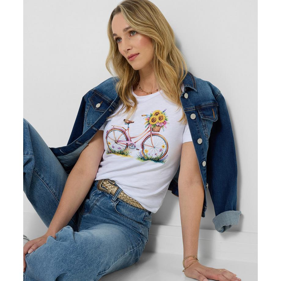 T-Shirt mit Sonnenblumen- und Fahrradmotiv