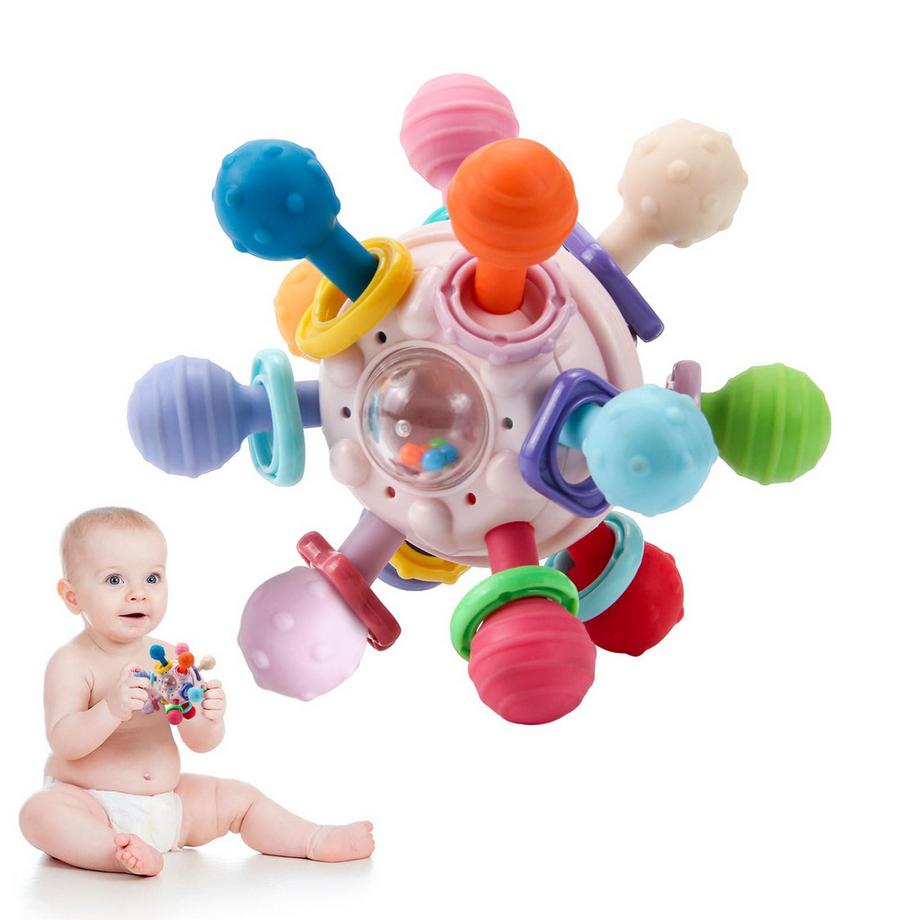 Baby-Beißring, Baby-Spielzeug, Baby-Greifspielzeug, Ball-Rassel-Spielzeug, flexibel und leicht zu greifen