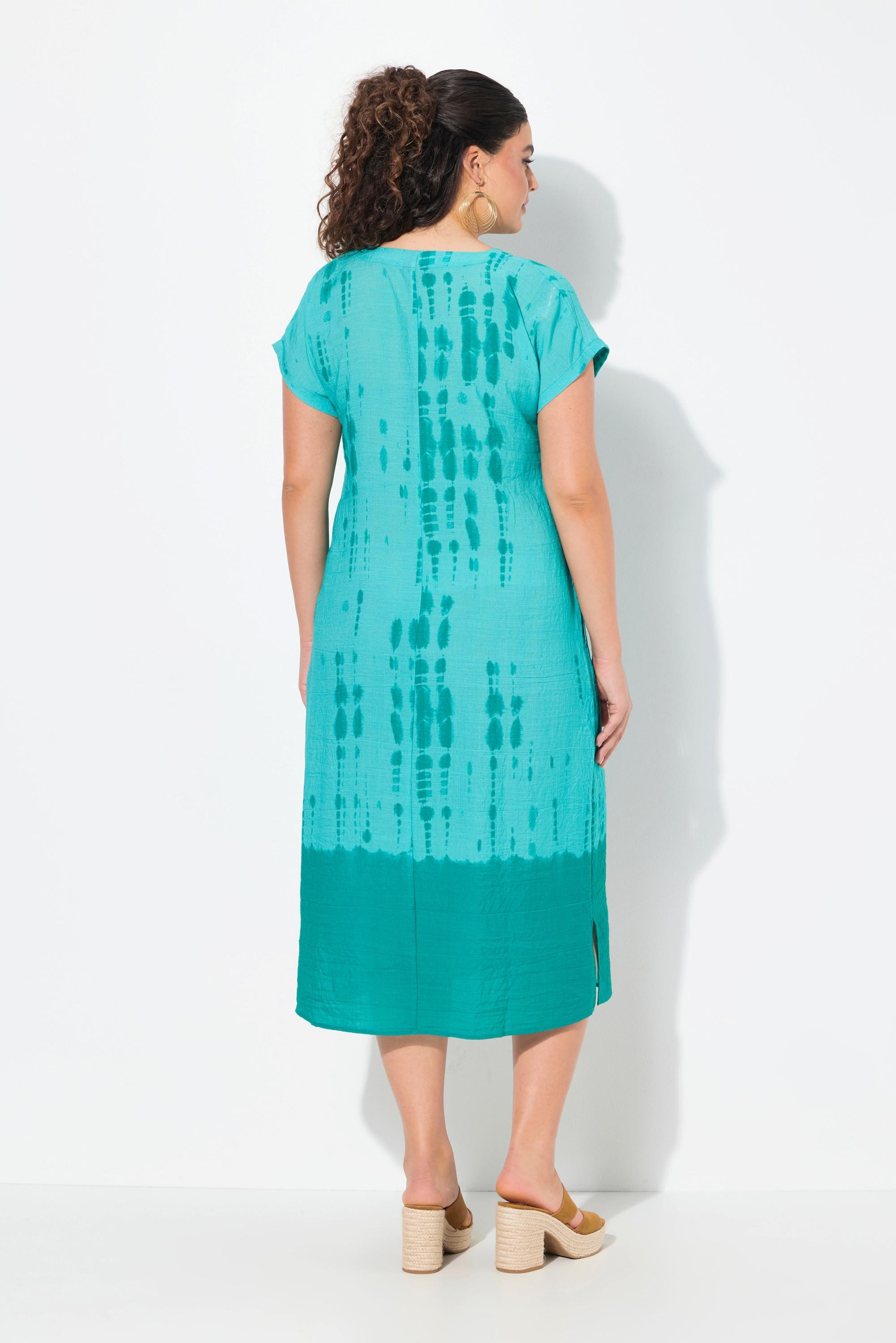 Ulla Popken Caffettano Misto Lino Stampa Batik Scollo a V Mezza Manica  