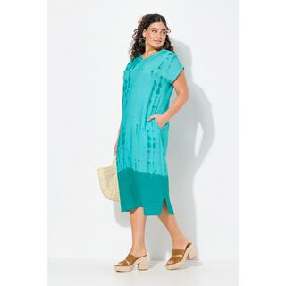 Ulla Popken Caffettano Misto Lino Stampa Batik Scollo a V Mezza Manica  