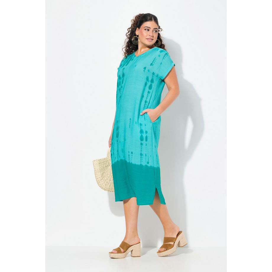 Ulla Popken Kaftan Leinenmix Batikdruck V-Ausschnitt Halbarm  