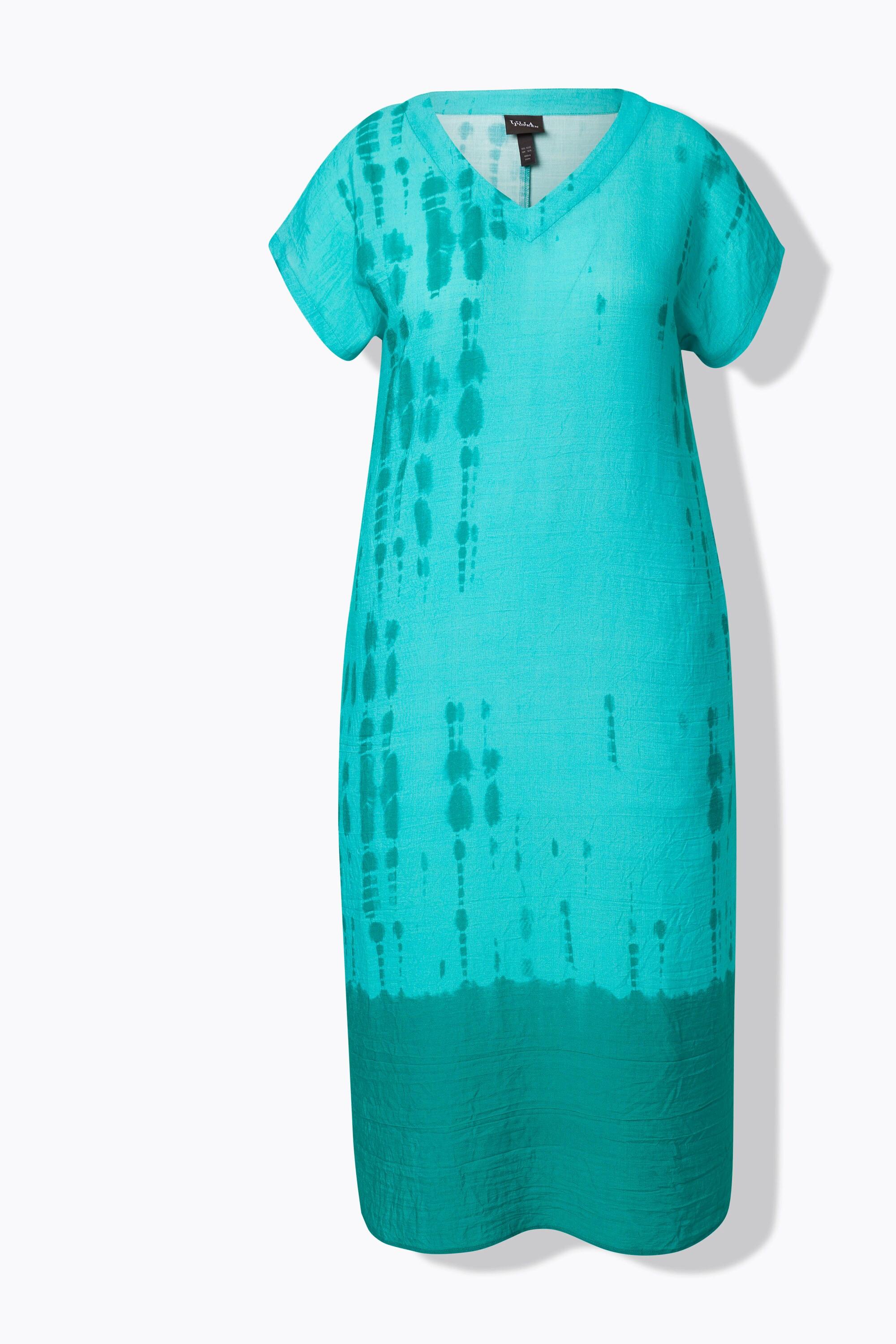 Ulla Popken Caffettano Misto Lino Stampa Batik Scollo a V Mezza Manica  