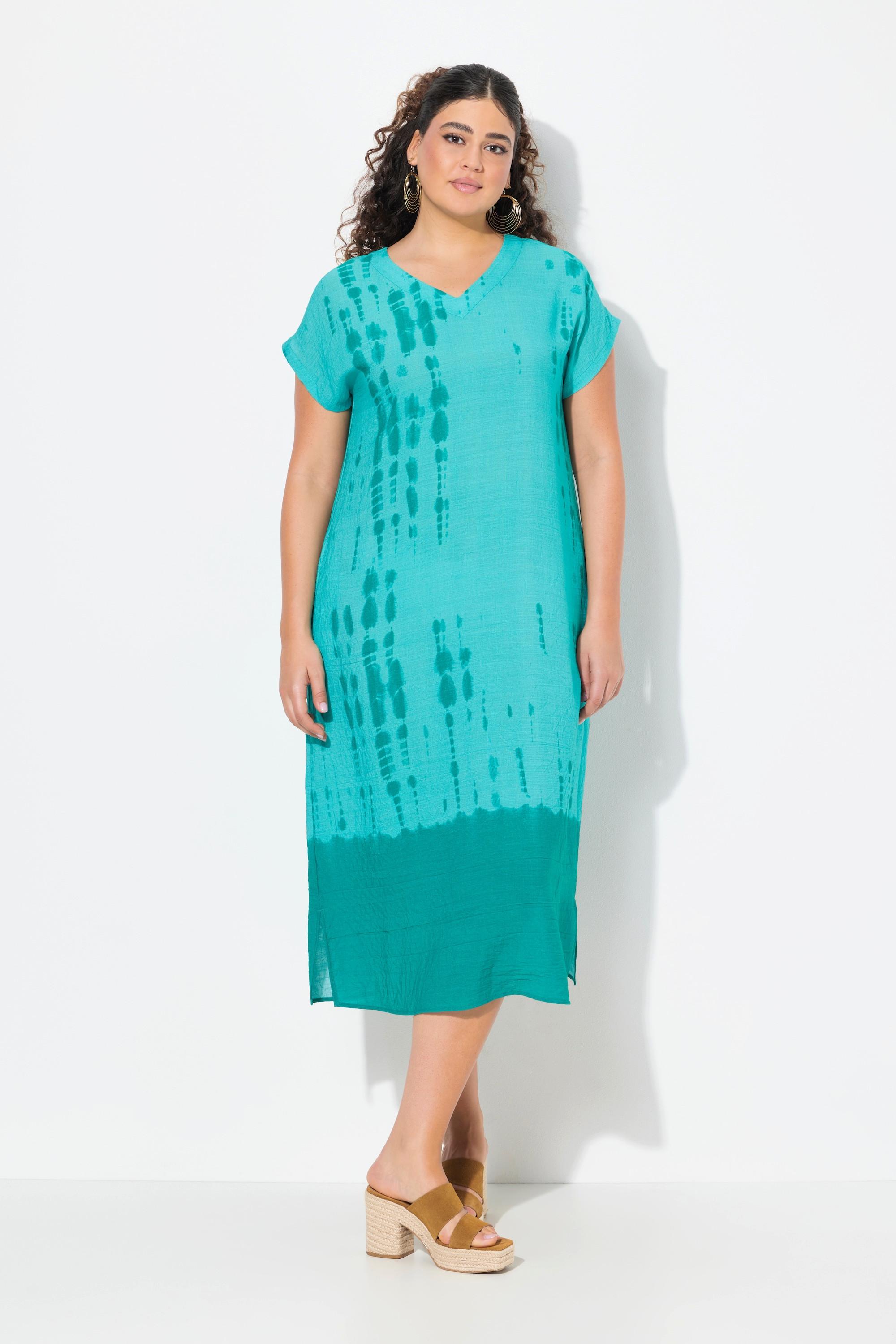 Ulla Popken Caffettano Misto Lino Stampa Batik Scollo a V Mezza Manica  