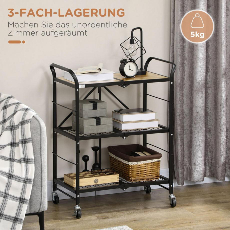 Northio Rollwagen Klappbarer Küchenwagen, Servierwagen Mit 3 Ebenen & Griff, Auf 4 Rollen, Stahl, Braun+Schwarz  