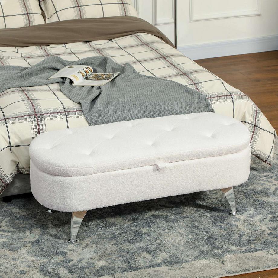 Northio Panca con vano portaoggetti, panca imbottita con coperchio, panca da letto con effetto velluto orsacchiotto, per corridoio, camera da letto, soggiorno, struttura in metallo 114 x 47 x 46,5 cm bianco  