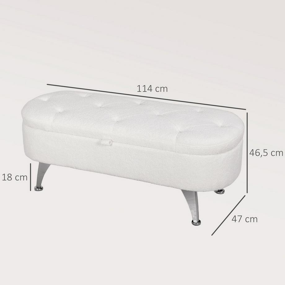 Northio Panca con vano portaoggetti, panca imbottita con coperchio, panca da letto con effetto velluto orsacchiotto, per corridoio, camera da letto, soggiorno, struttura in metallo 114 x 47 x 46,5 cm bianco  