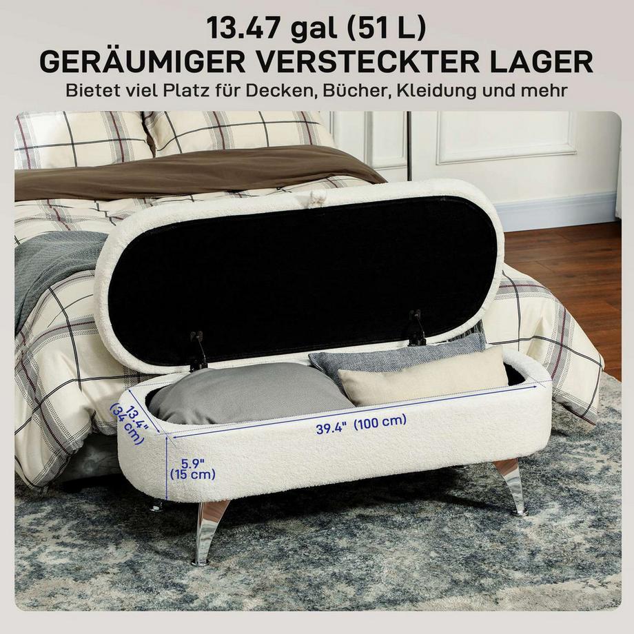 Northio Panca con vano portaoggetti, panca imbottita con coperchio, panca da letto con effetto velluto orsacchiotto, per corridoio, camera da letto, soggiorno, struttura in metallo 114 x 47 x 46,5 cm bianco  