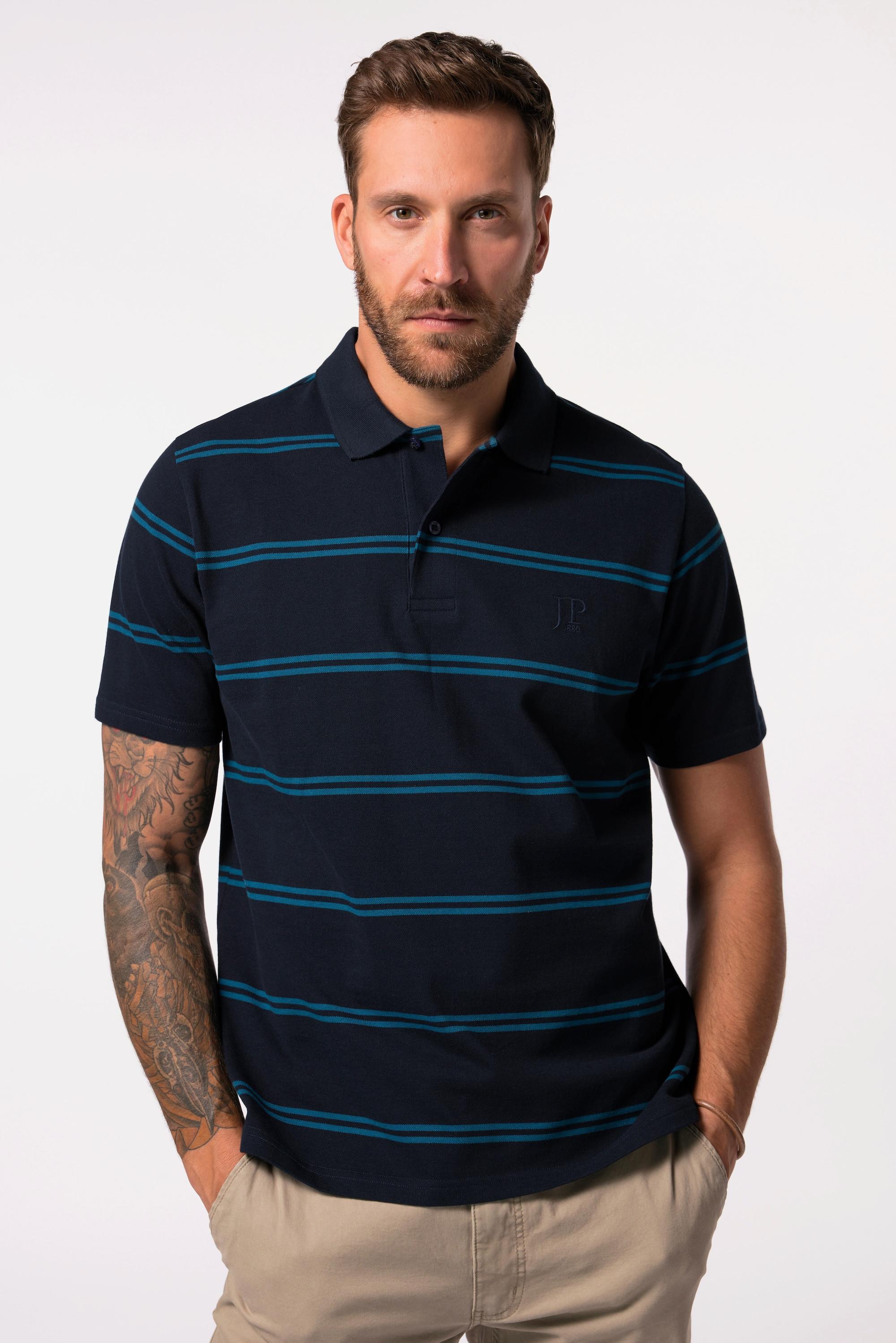 JP1880  Maglia polo in piqué a righe con mezze maniche blu scuro 