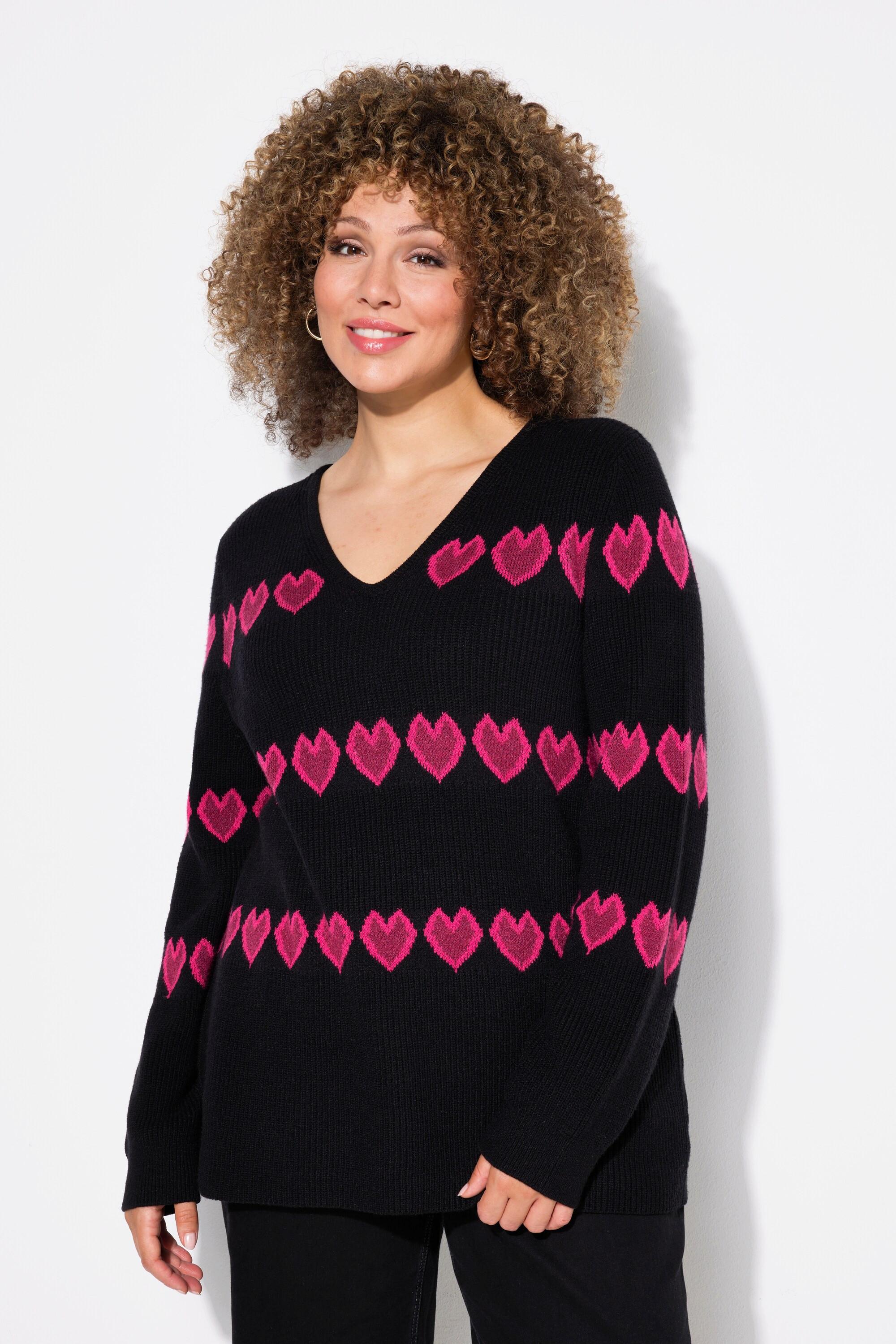 Ulla Popken  Pullover, Herzen, V-Ausschnitt, Langarm 