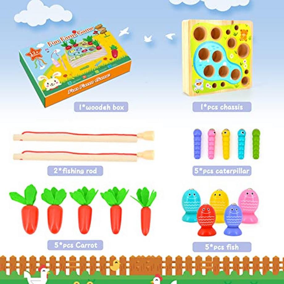 Activity-board  Magnetische Fischerei Spiel Holzspielzeug: 3 in 1 hölzerne Karotte Ernte Form Sortierspiel 