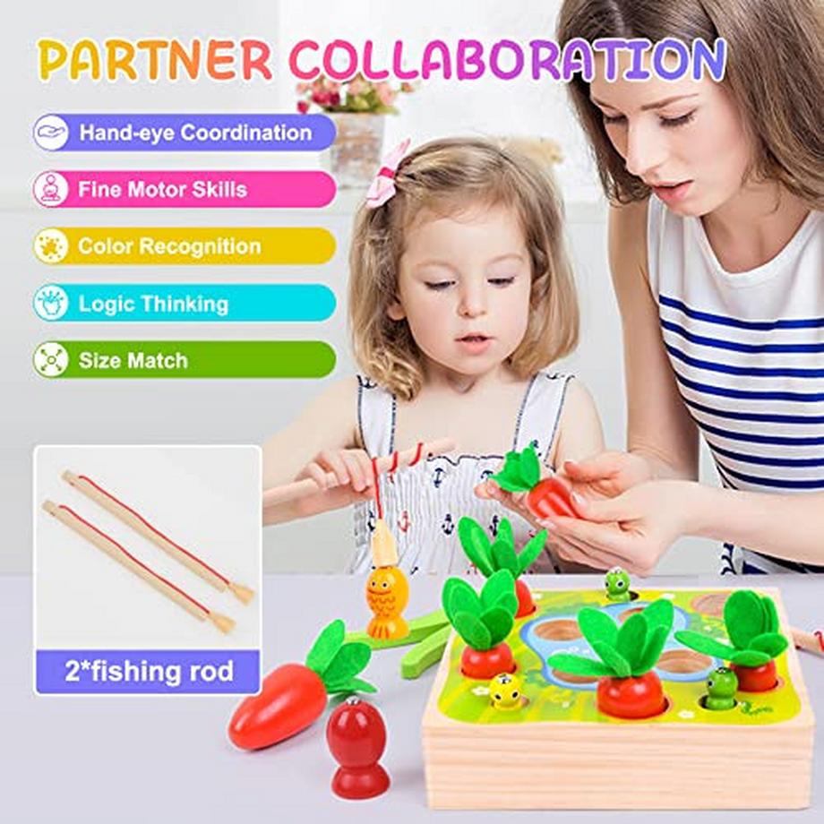 Activity-board  Magnetische Fischerei Spiel Holzspielzeug: 3 in 1 hölzerne Karotte Ernte Form Sortierspiel 